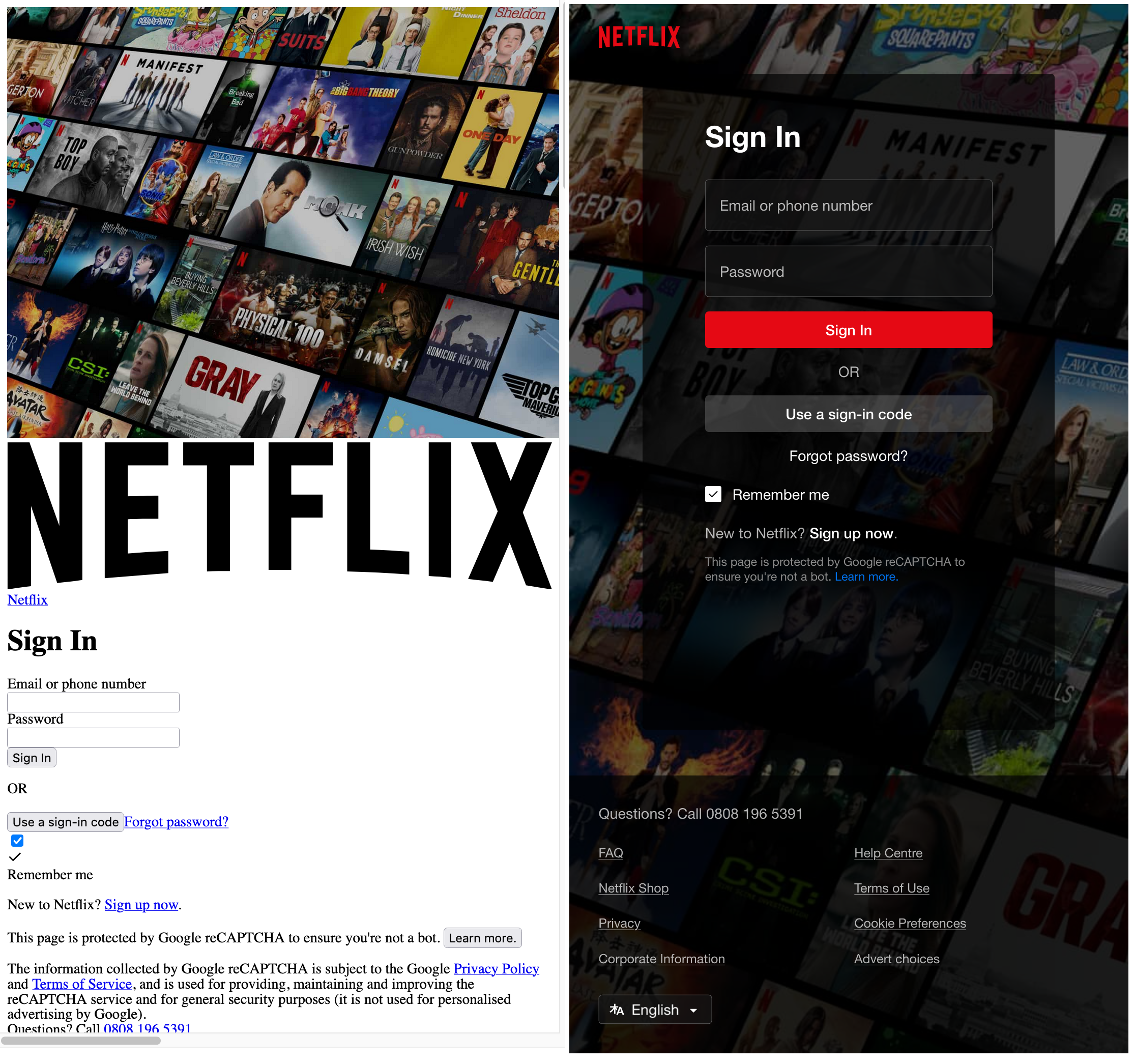 Two screenshots of the netflix login page, one unstyled and plain black and white. The other with netflix colors and style