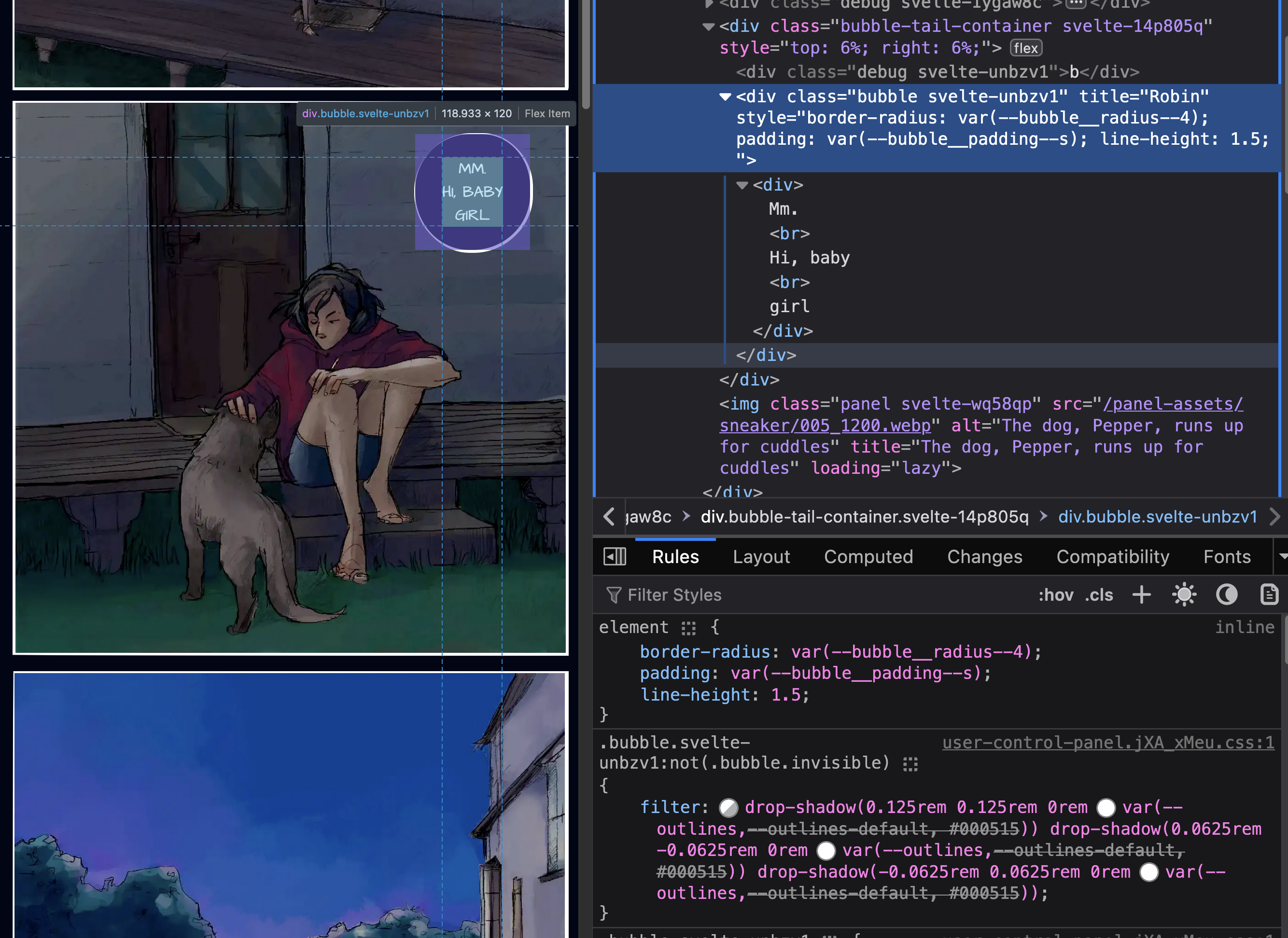 A screenshot of the browser developer tools, showing the code for a comic on this website