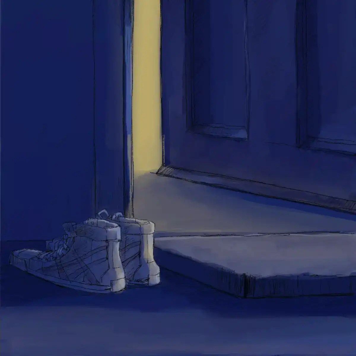 Flashback to previous night: the shoes sit outside by the door